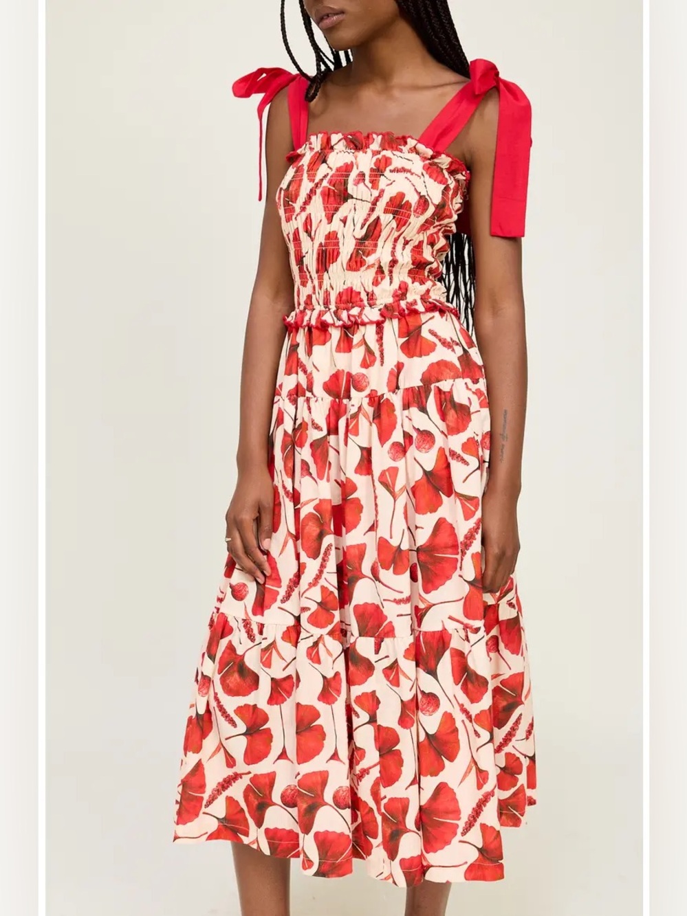 En Saison Josie Gingko Red Cream Floral Tie-Shoulder cotton Dress medium - Picture 2 of 5